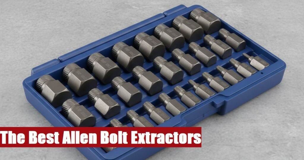 Heavy duty allen bolt extractor set case lying on concrete floor surface for mechanic fastening jobs.