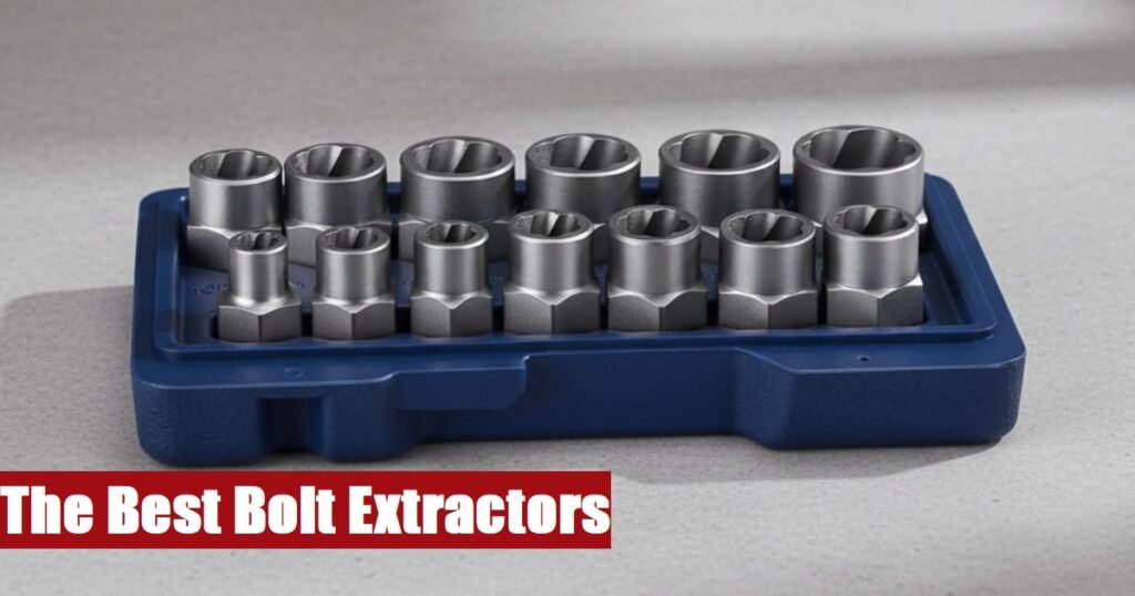 Heavy-duty bolt extractor set organized in an open toolbox resting on a rough gray cement floor surface.