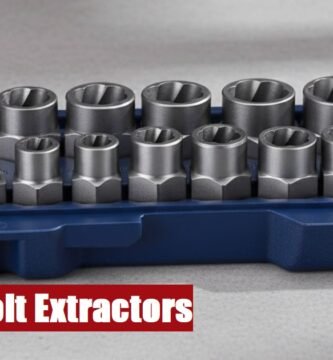 Heavy-duty bolt extractor set organized in an open toolbox resting on a rough gray cement floor surface.