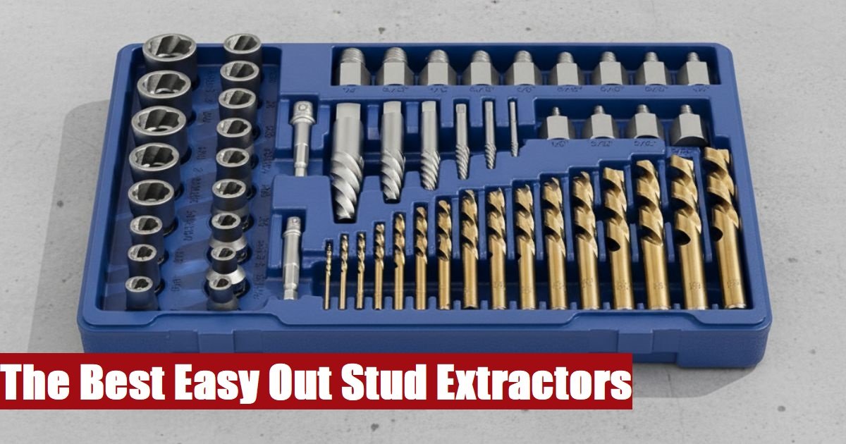 A metal toolbox containing an easy out stud extractor set lying flat on a rough gray cement surface.