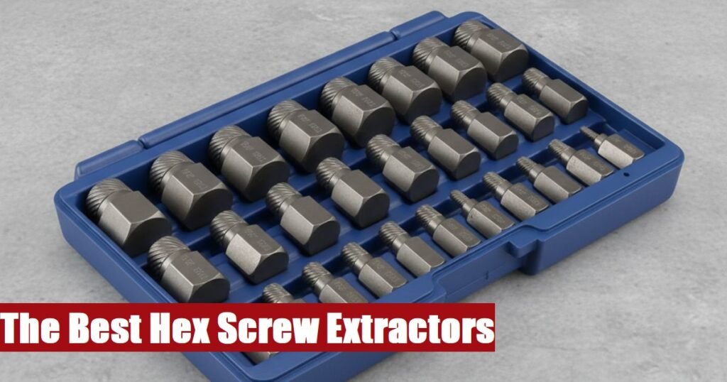A complete hex screw extractor set case lying on a rough concrete floor for smooth workshop maintenance.
