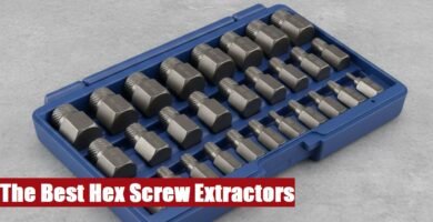 A complete hex screw extractor set case lying on a rough concrete floor for smooth workshop maintenance.