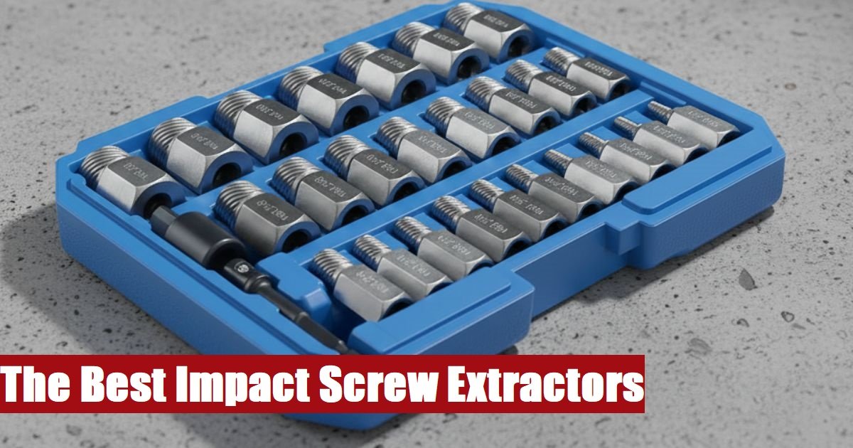 A robust impact screw extractor set case lying on a concrete surface for heavy duty fastener removal.