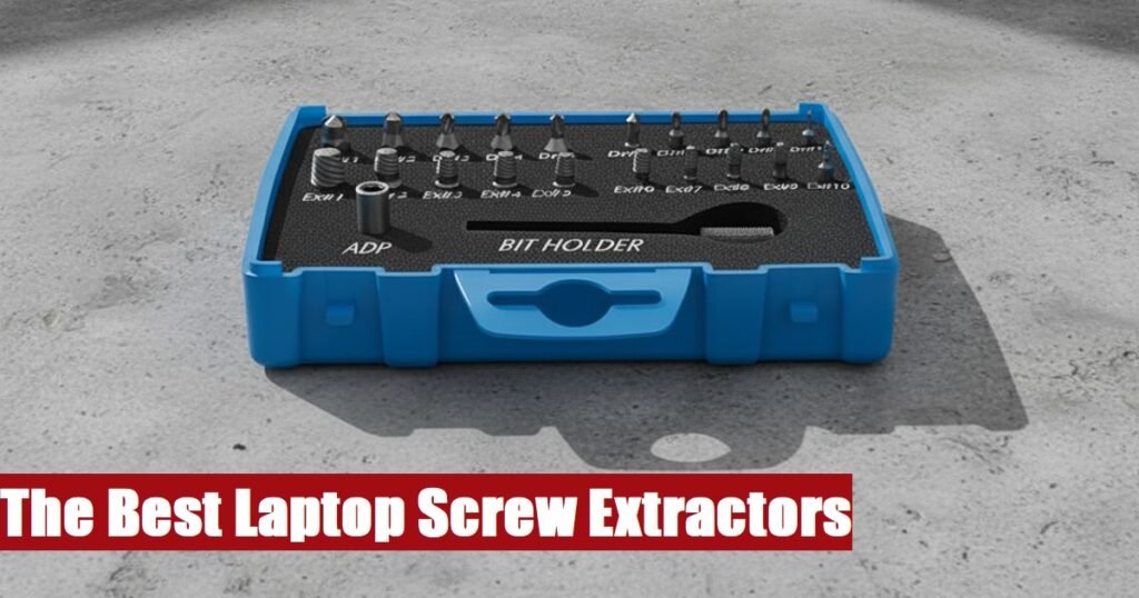 Professional laptop screw extractor kit lying on a cement background for precision computer maintenance.