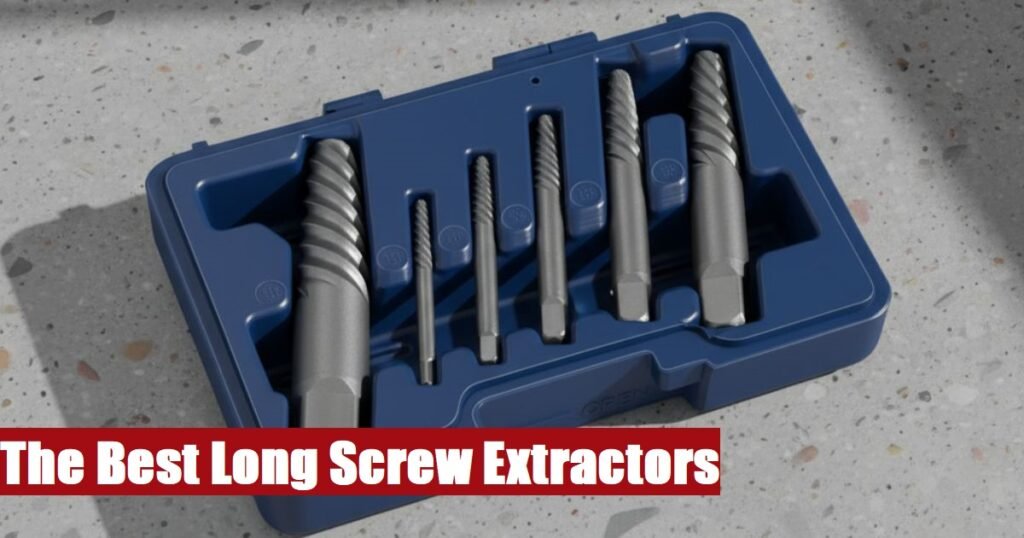 Open professional long screw extractor toolbox lying on a gray cement floor for tough fastener projects.