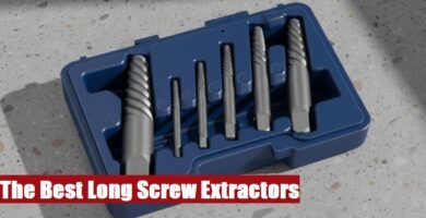 Open professional long screw extractor toolbox lying on a gray cement floor for tough fastener projects.