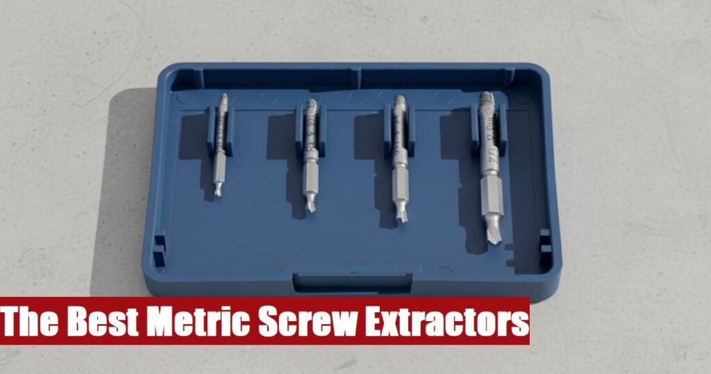 Heavy duty metric screw extractor set toolbox lying on a rough gray cement floor in a garage workshop.