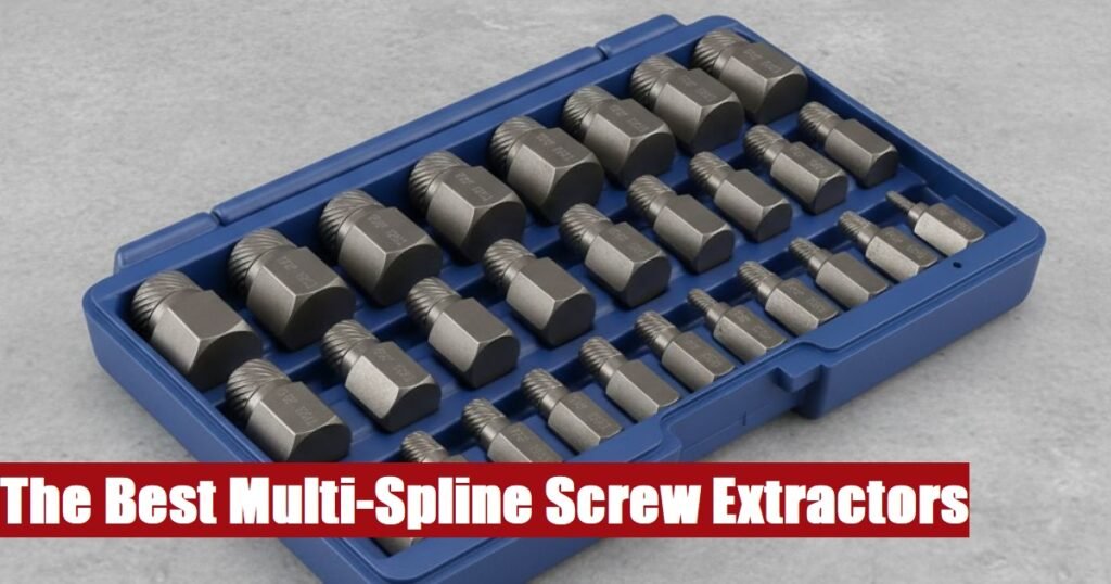 Professional multi spline screw extractor kit case resting on a concrete floor for tough removal jobs.