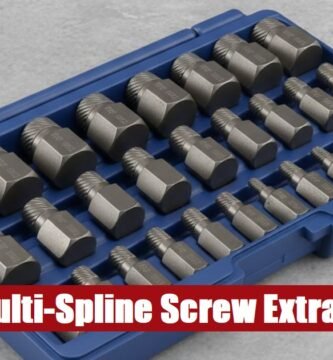 Professional multi spline screw extractor kit case resting on a concrete floor for tough removal jobs.