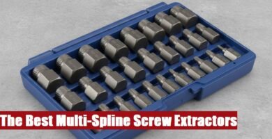 Professional multi spline screw extractor kit case resting on a concrete floor for tough removal jobs.