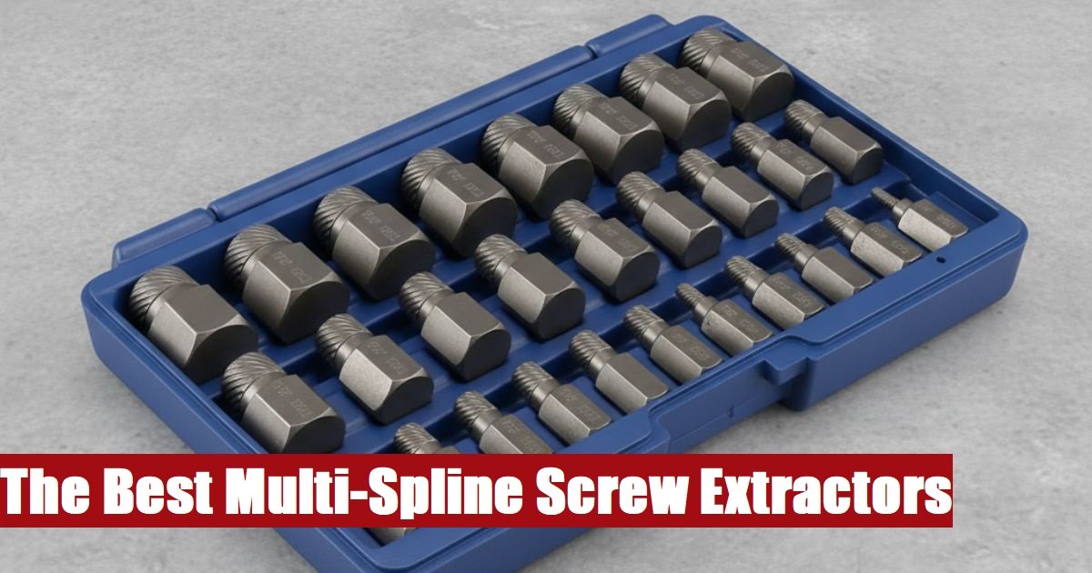 Professional multi spline screw extractor kit case resting on a concrete floor for tough removal jobs.