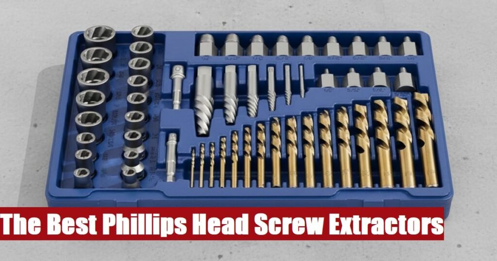 Professional phillips head screw extractor kit toolbox lying on a gray cement floor in a home workshop.