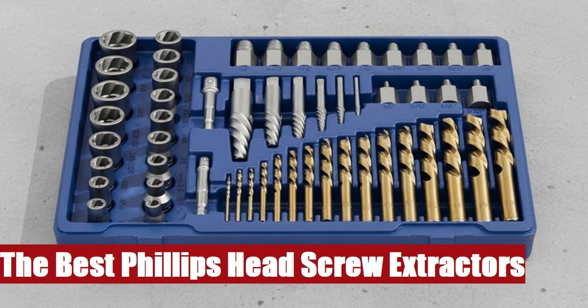 Professional phillips head screw extractor kit toolbox lying on a gray cement floor in a home workshop.