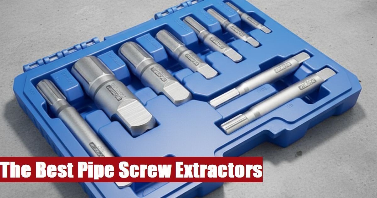 Open case containing a professional pipe screw extractor set lying on a rough industrial cement floor.