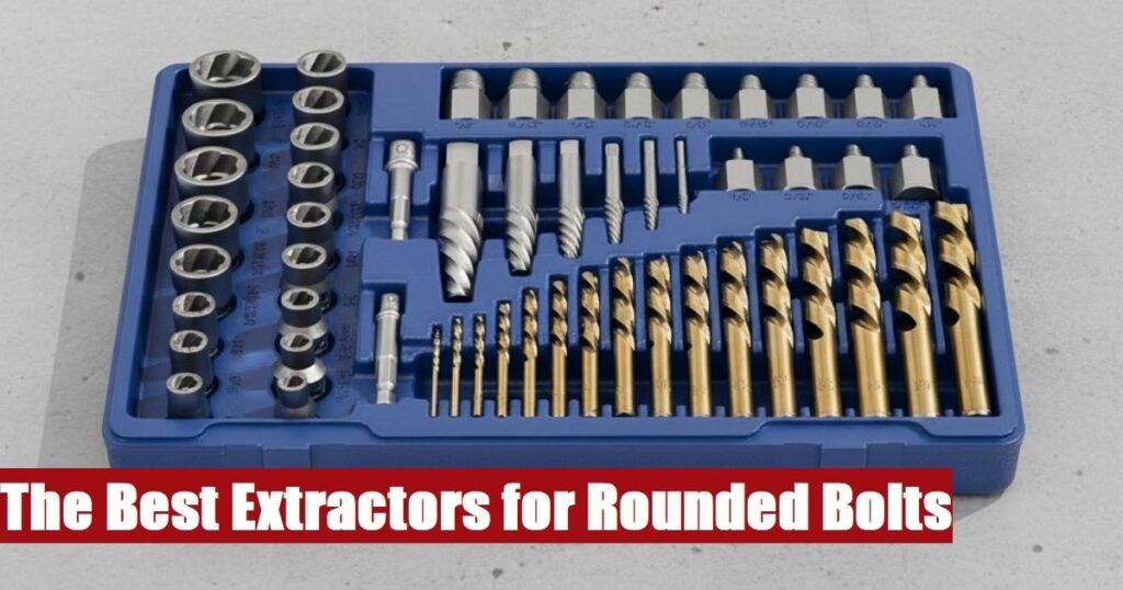 A professional rounded bolt extractor set inside an open toolbox lying on a rough gray cement surface.