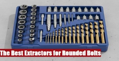 A professional rounded bolt extractor set inside an open toolbox lying on a rough gray cement surface.