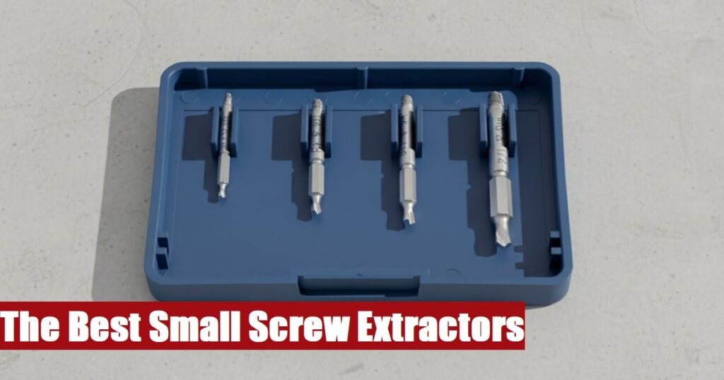 A complete small screw extractor kit box lying on a cement floor for safe and fast fastener removal.