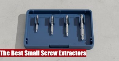 A complete small screw extractor kit box lying on a cement floor for safe and fast fastener removal.