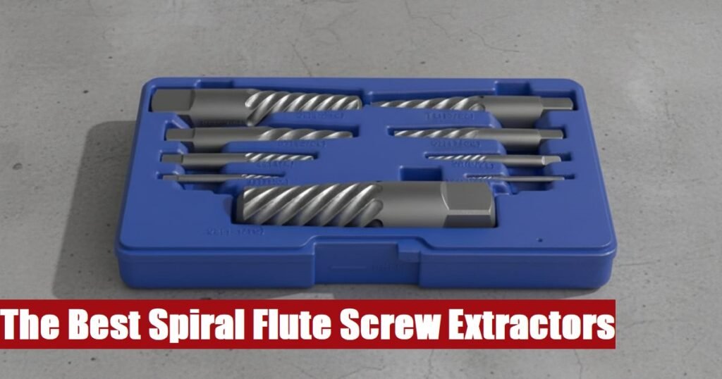Heavy duty spiral flute screw extractor set inside an open case lying on a gray concrete floor surface.