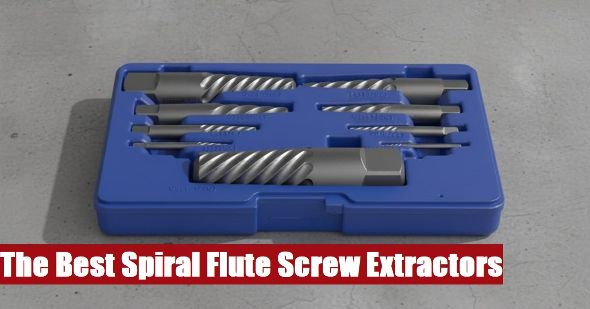 Heavy duty spiral flute screw extractor set inside an open case lying on a gray concrete floor surface.