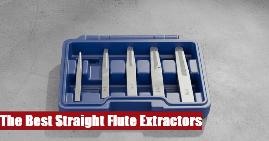 Heavy-duty straight flute extractor tool set box lying on a rough cement surface for fastener removal.