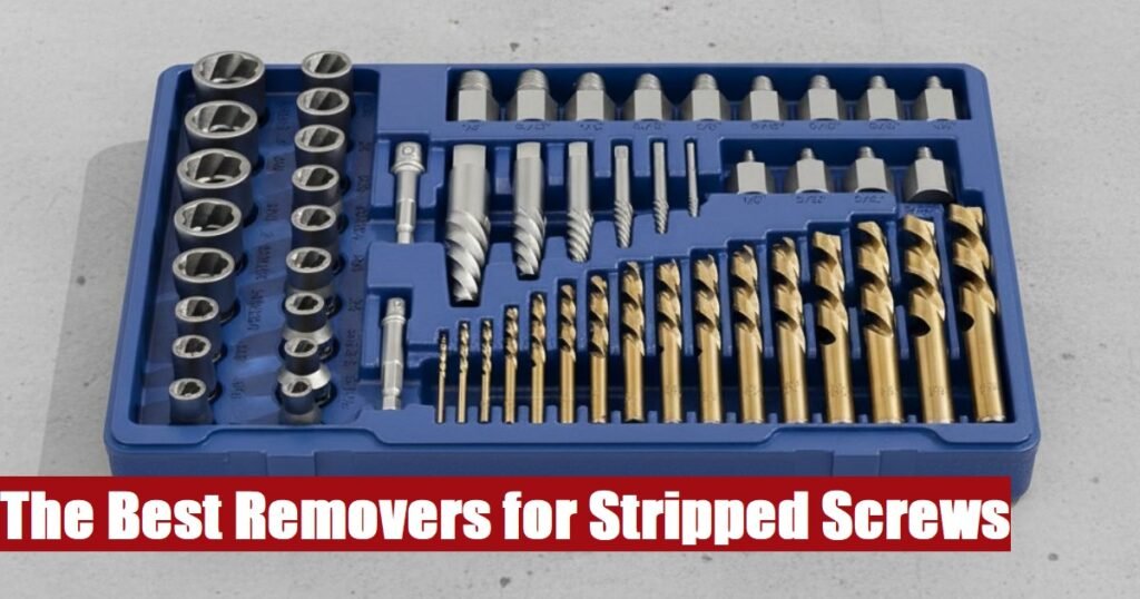 Heavy duty stripped screw remover kit case lying on a grey cement floor for tough renovation projects.