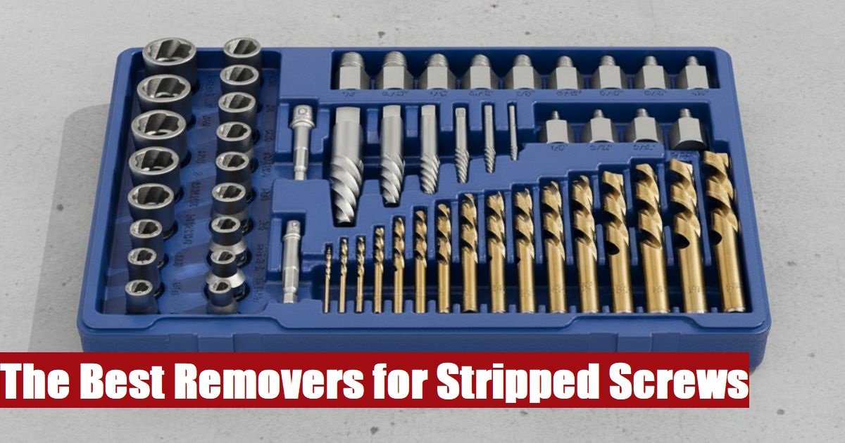 Heavy duty stripped screw remover kit case lying on a grey cement floor for tough renovation projects.