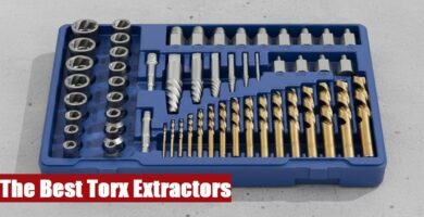 A complete heavy-duty torx extractor set box placed on a concrete surface ready for mechanical repairs.