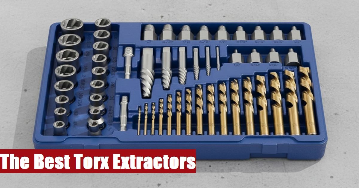 A complete heavy-duty torx extractor set box placed on a concrete surface ready for mechanical repairs.