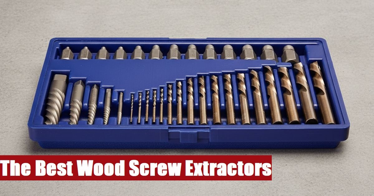 Open toolbox with a wood screw extractor set lying on a cement floor ready for professional repair work.